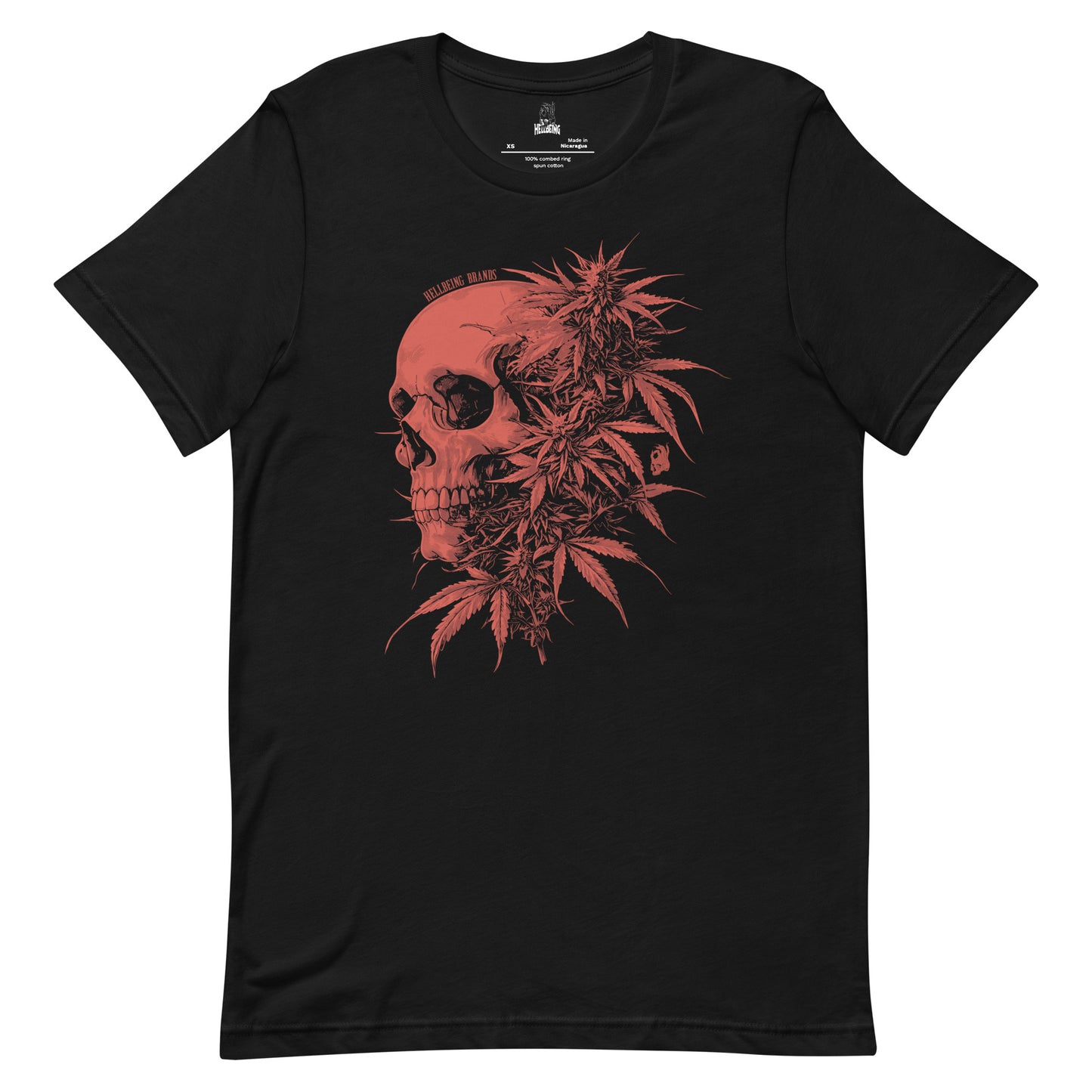 Front view of the Hellbeing cannabis flower skull unisex black t-shirt
