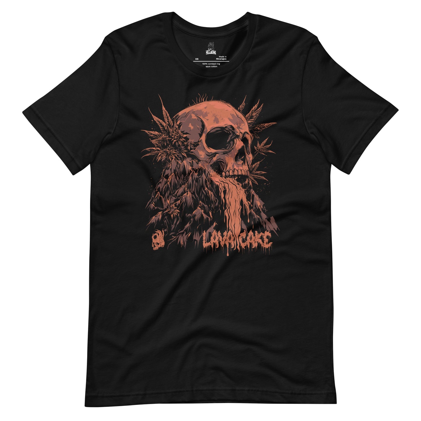 Front view of the Hellbeing cannabis Lava Cake strain unisex black t-shirt