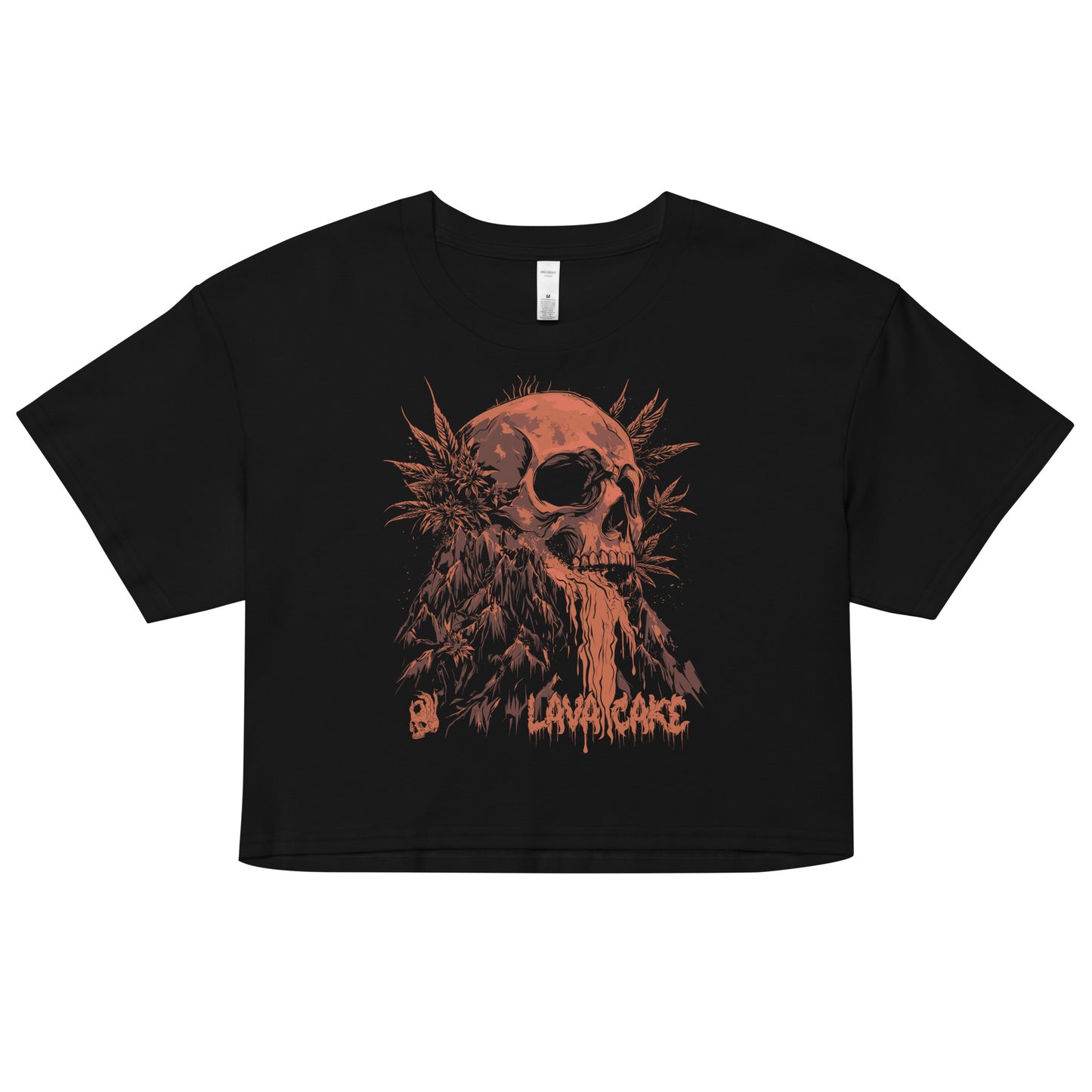Front view of the Hellbeing cannabis Lava Cake strain women's black crop top