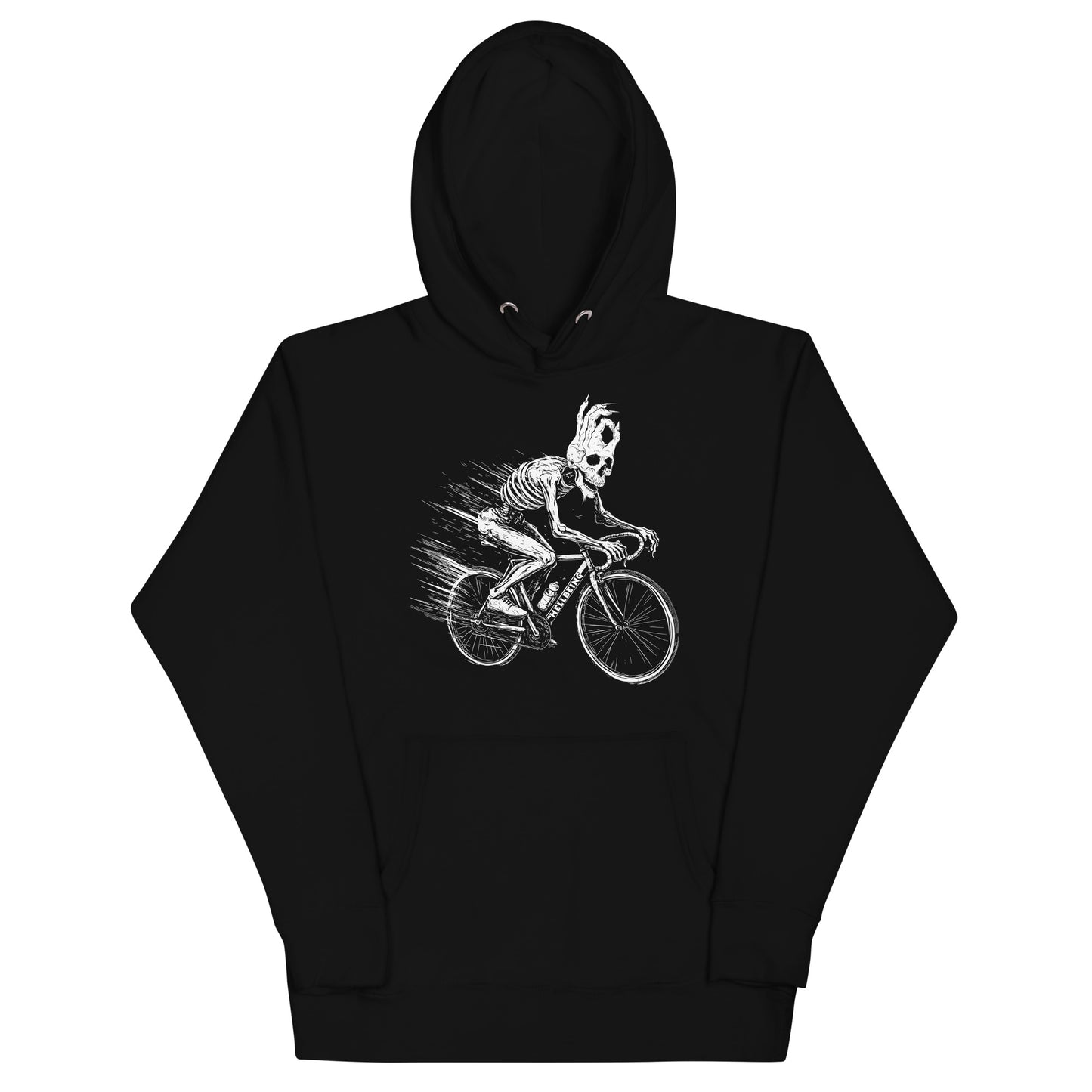 Front view of the Hellbeing Cycling skeleton black hoodie