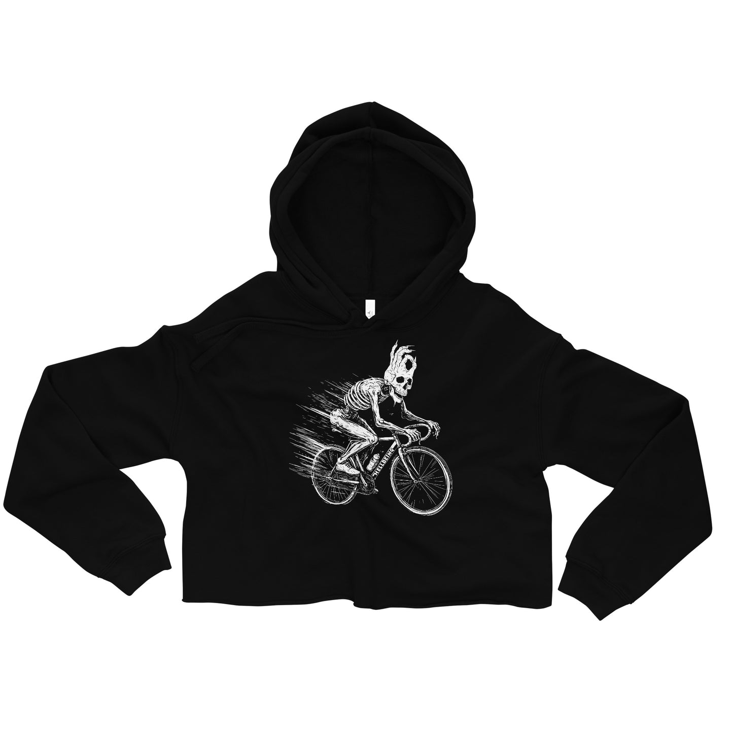 Front view of the Hellbeing Cycling skeleton women's black cropped hoodie