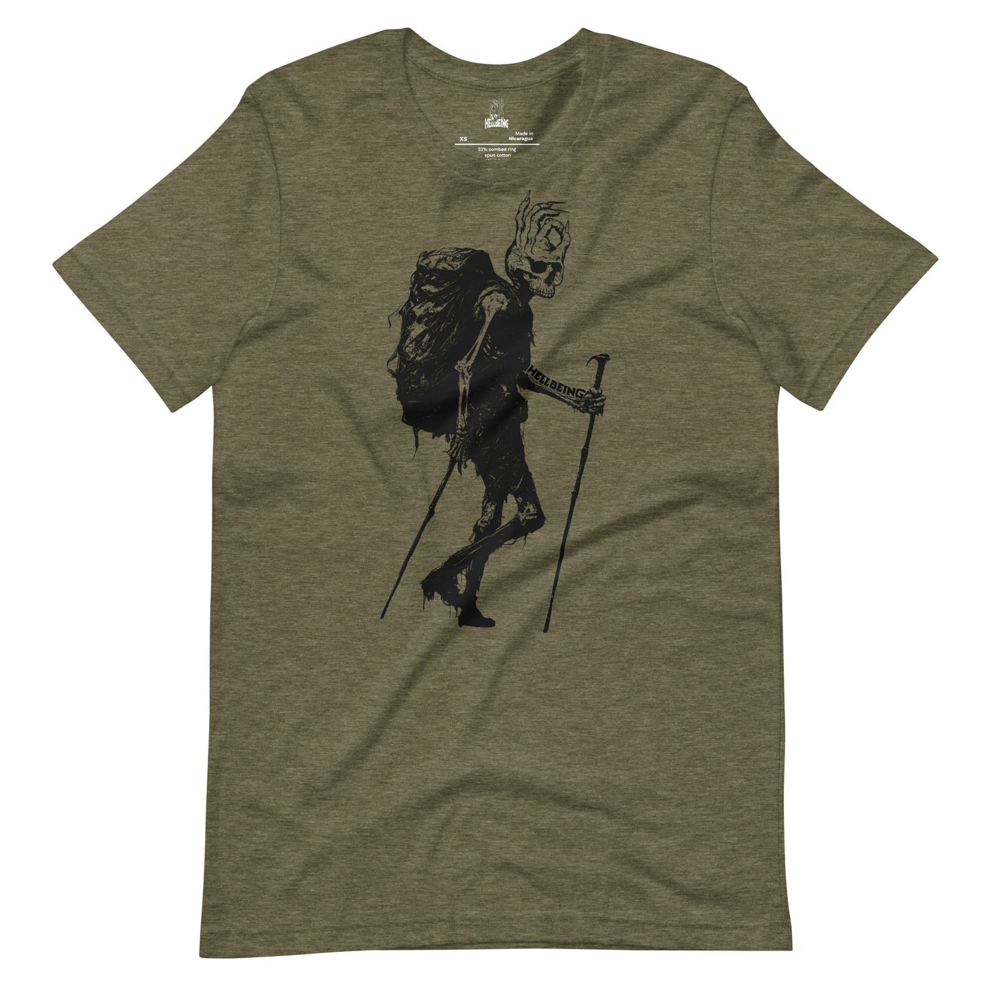 Front view of the Hellbeing olive green hiking skeleton t-shirt