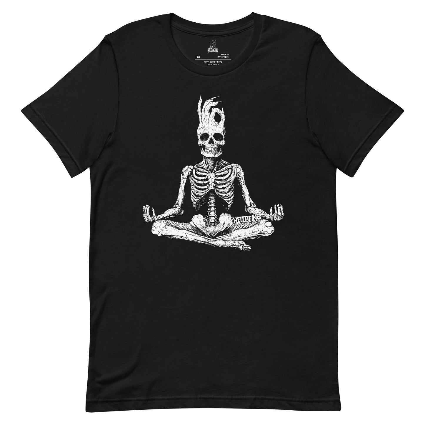 Front view of the Hellbeing Meditating skeleton unisex black t-shirt