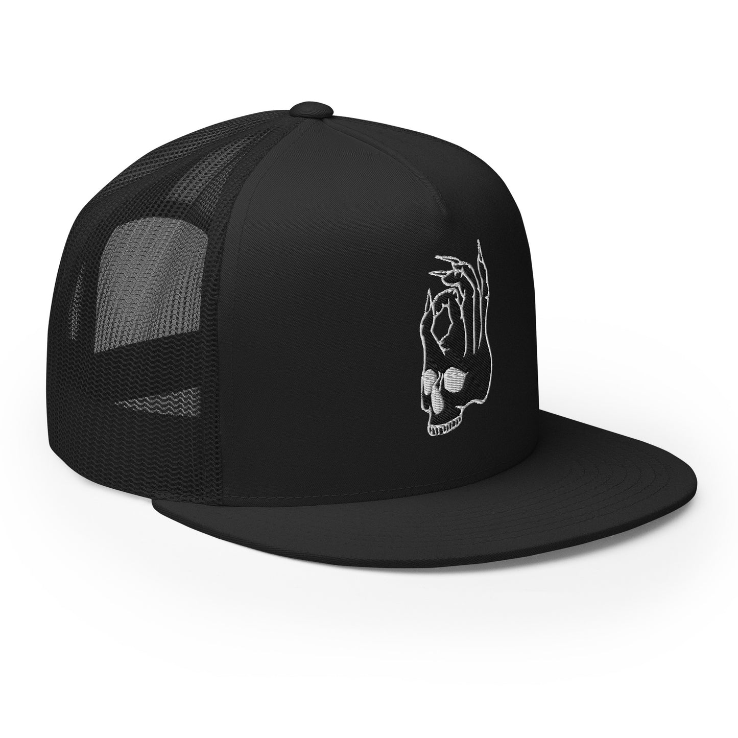 Front right view of the Hellbeing skull embroidered 5 panel black on black trucker hat