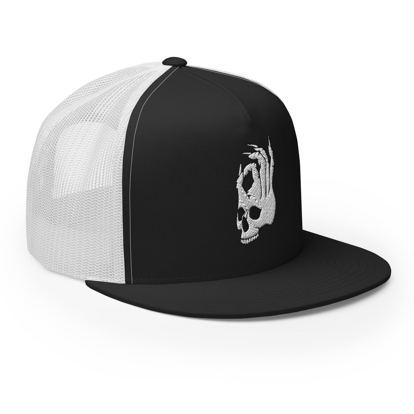 Front right view of the Hellbeing skull embroidered 5 panel black and white trucker hat