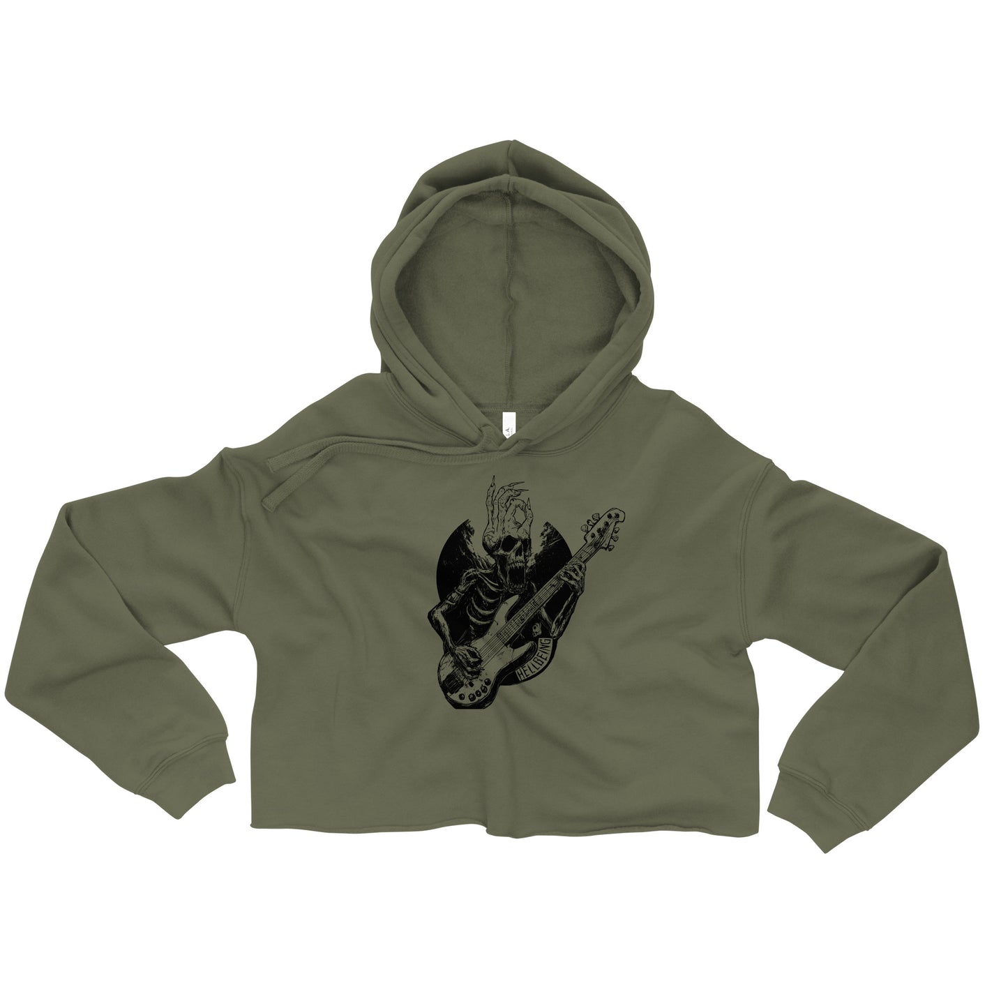 Front view of the Hellbeing Sonic Overlord skeleton guitarist women's green cropped hoodie