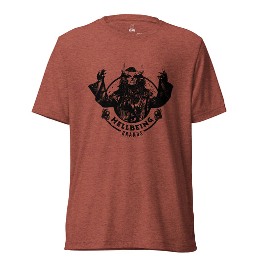 Front view of the Hellbeing Brands Devil on a burnt orange clay colored tri-blend t-shirt