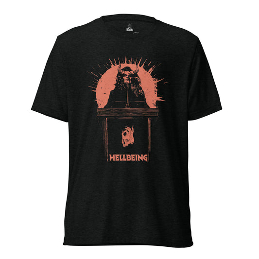 Front view of the Hellbeing Lucifer's pulpit unisex black tri-blend t-shirt
