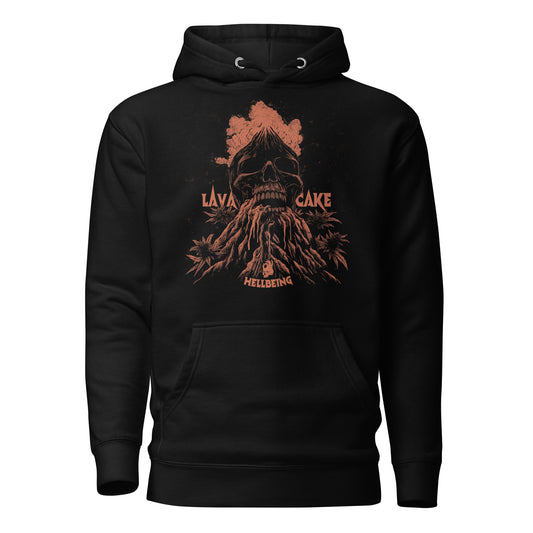 Front view of the Hellbeing cannabis Lava Cake strain unisex black hoodie