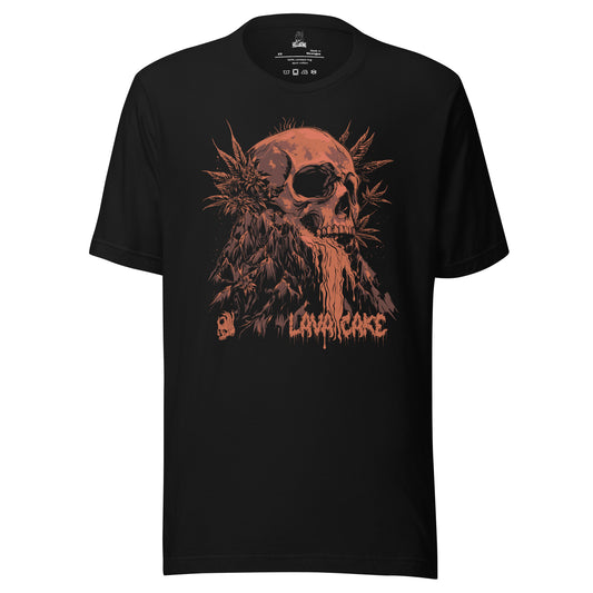 Front view of the Hellbeing cannabis Lava Cake strain unisex black t-shirt