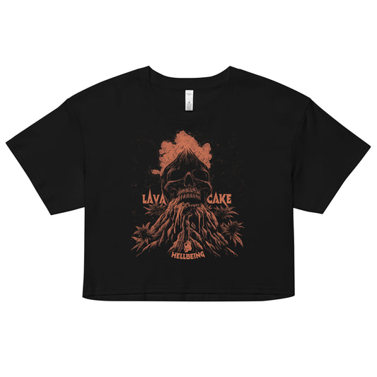 Front view of the Hellbeing cannabis Lava Cake strain women's black crop top