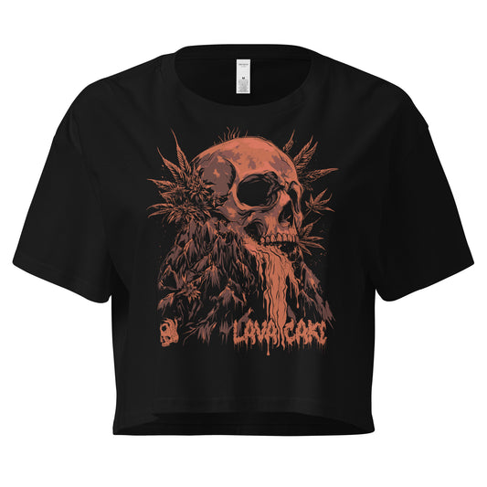 Front view of the Hellbeing cannabis Lava Cake strain women's black crop top