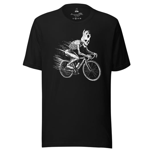 Front view of the Hellbeing Cycling skeleton black t-shirt