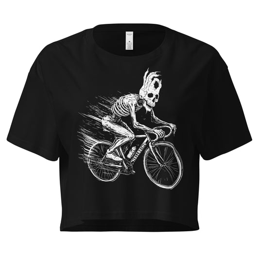 Front view of the Hellbeing Cycling skeleton women's black crop top