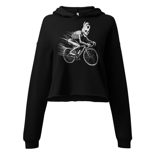 Front view of the Hellbeing Cycling skeleton women's black cropped hoodie