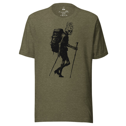 Front view of the Hellbeing olive green hiking skeleton t-shirt