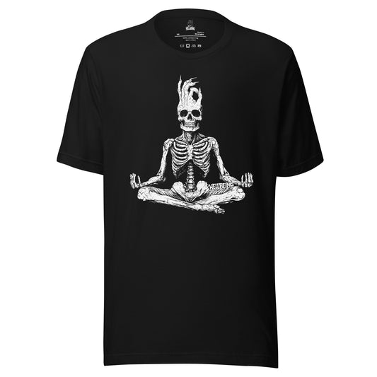 Front view of the Hellbeing Meditating skeleton unisex black t-shirt