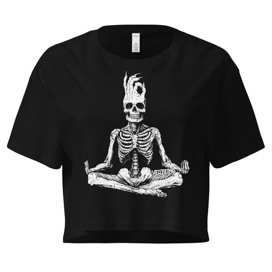Front view of the Hellbeing Meditating skeleton women's black crop top