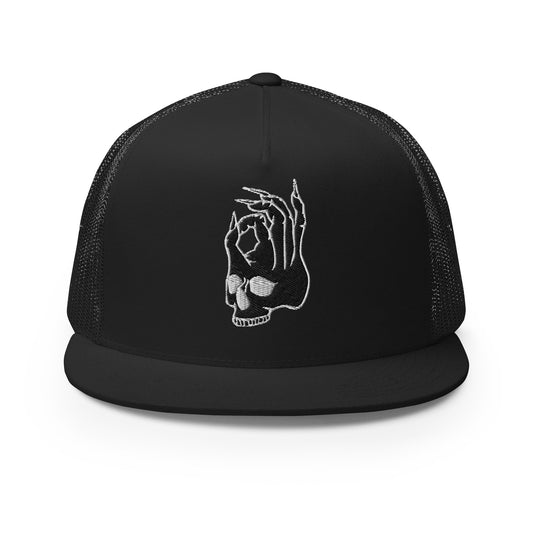 Front view of the Hellbeing skull embroidered 5 panel black on black trucker hat