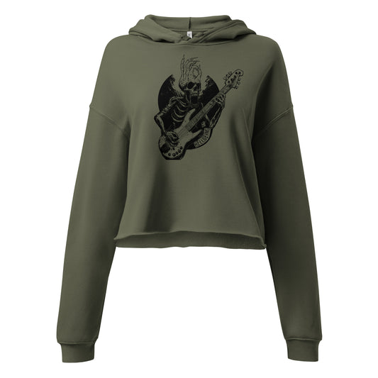 Front view of the Hellbeing Sonic Overlord skeleton guitarist women's green cropped hoodie